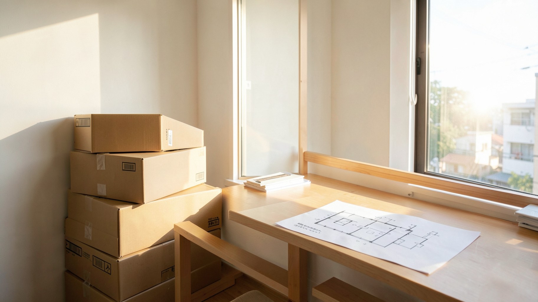 朝の光が差し込む一人暮らしの部屋で新生活の準備をする様子