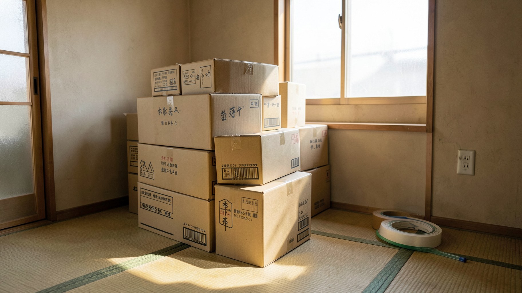 引っ越し準備で積まれた段ボール箱