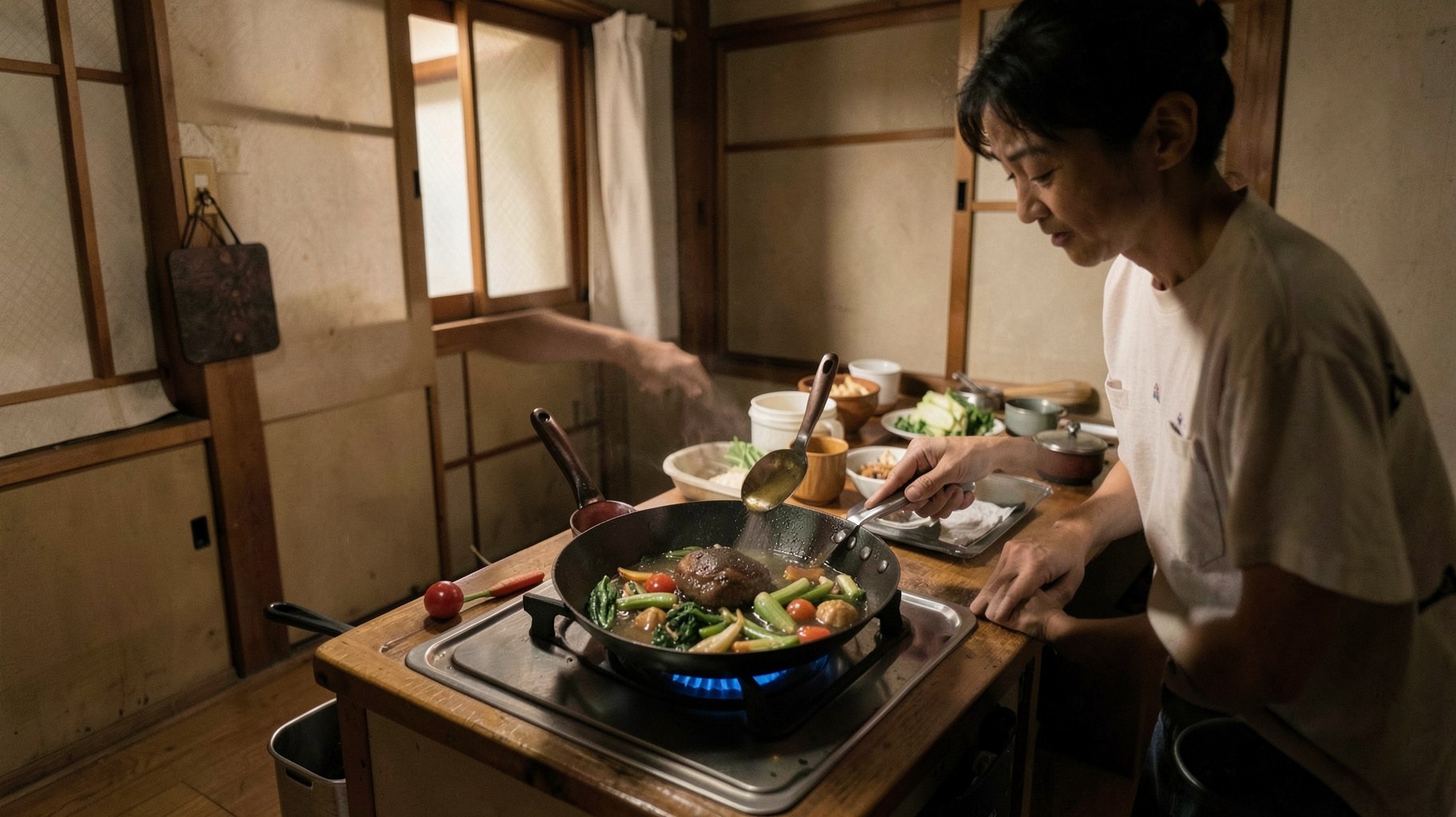 一人暮らしのキッチンで調理する様子